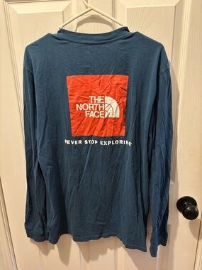 The North Face Teal Blue Long Sleeve Shirt with Red Logo Square